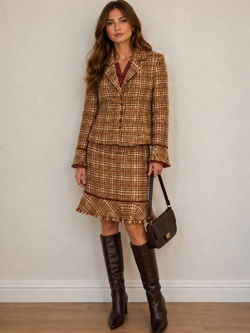 Kasper Tweed Skirt Suit in Brown and Cream Plaid